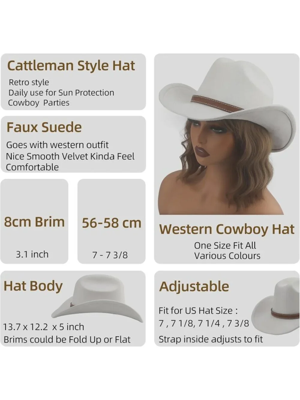 Kids Ivory Pull-On Western Costume Cowboy Hat with Brown Band